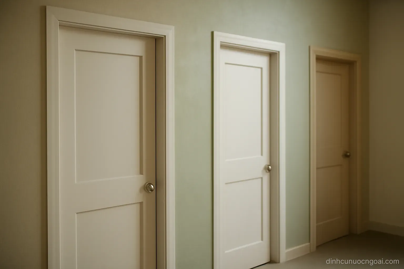 three plain doorways side by side along a corridor wall, each with a different shade of paint around the frame