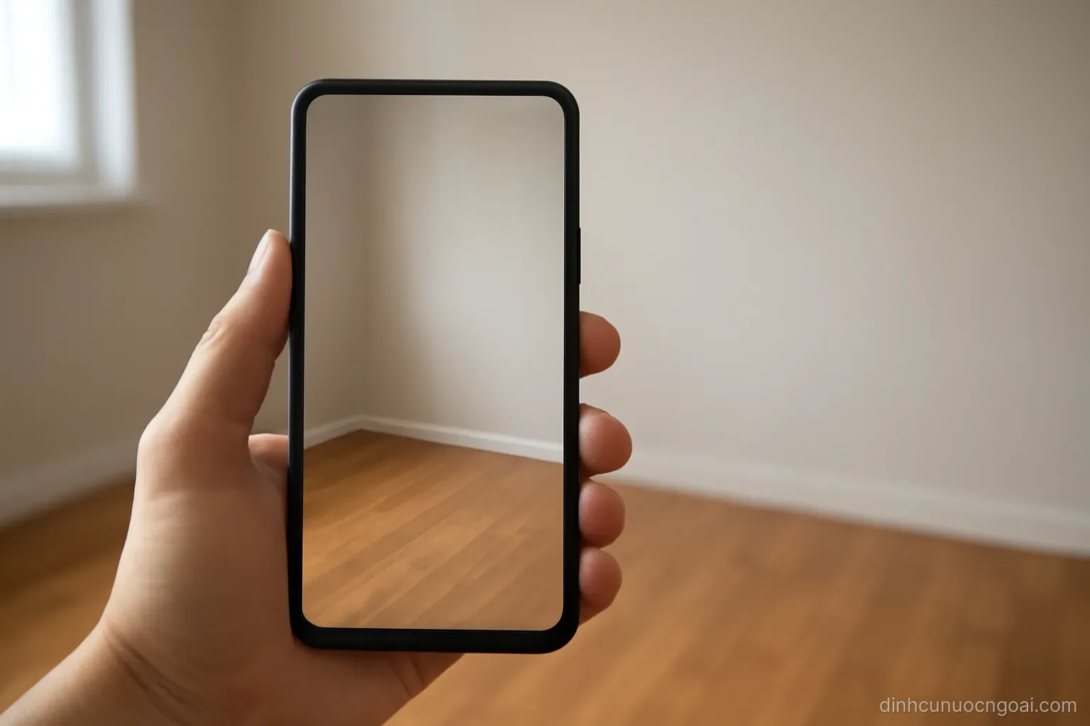 a hand holding up a phone to photograph an empty room corner where wooden floor meets a pale wall, daylight from an unseen window