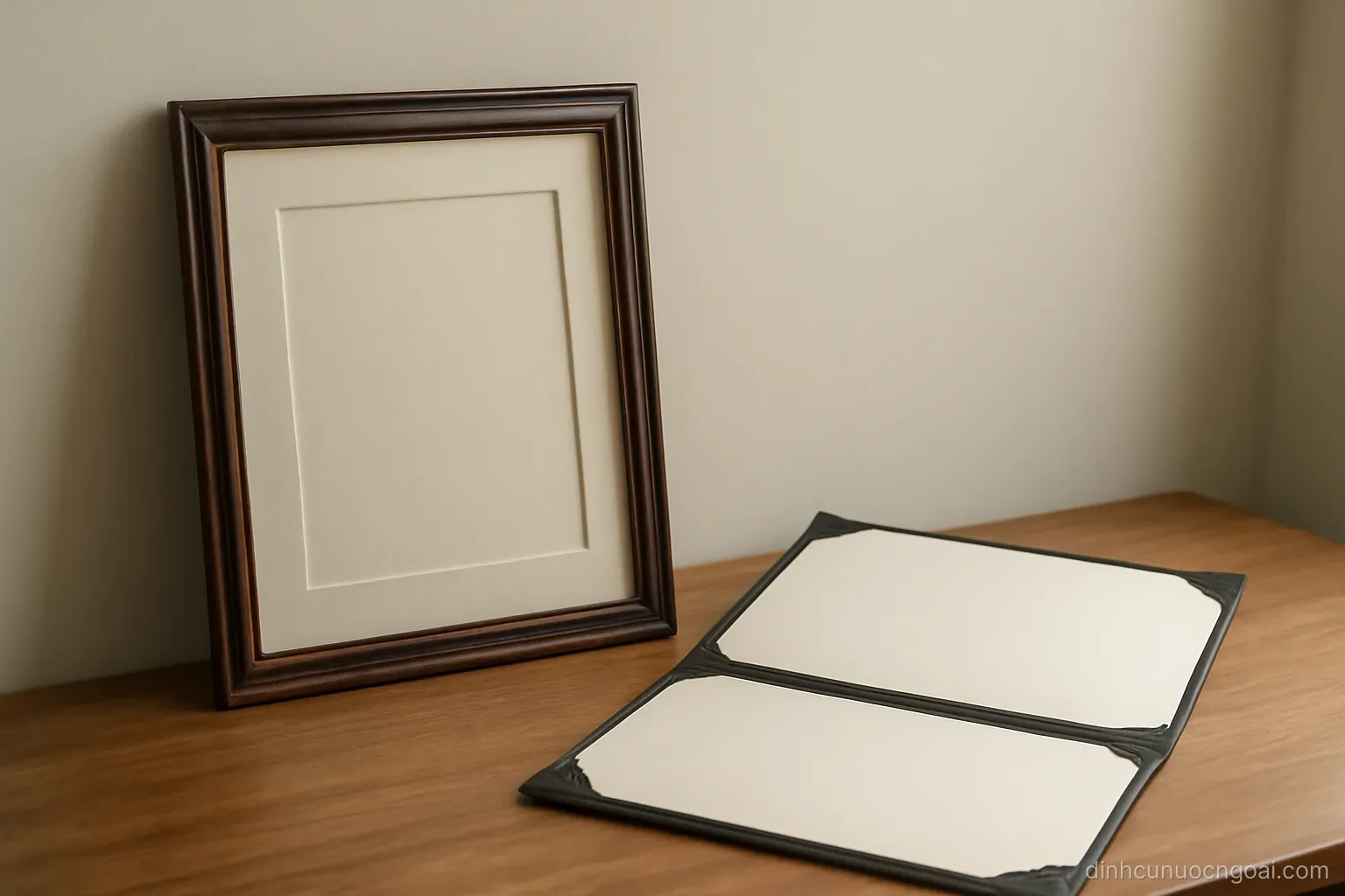 a framed diploma leaning against a pale wall beside an open folder of certificates on a wooden desk