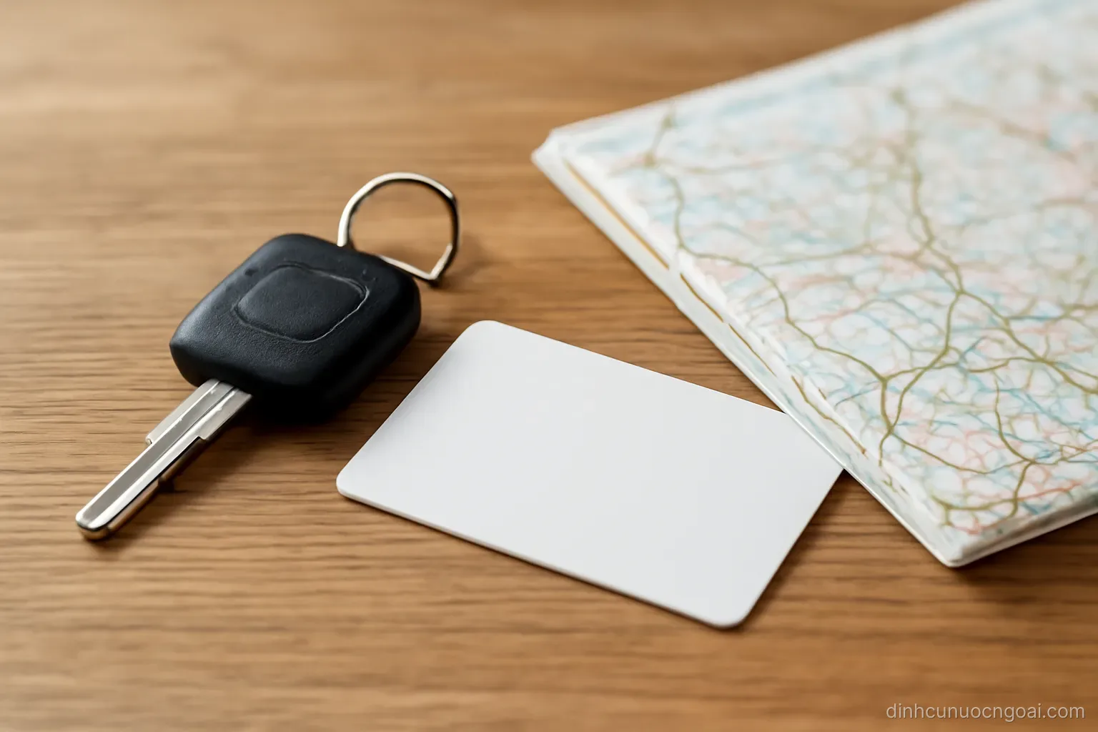 a set of car keys and a plain plastic card lying on a table beside a folded road map