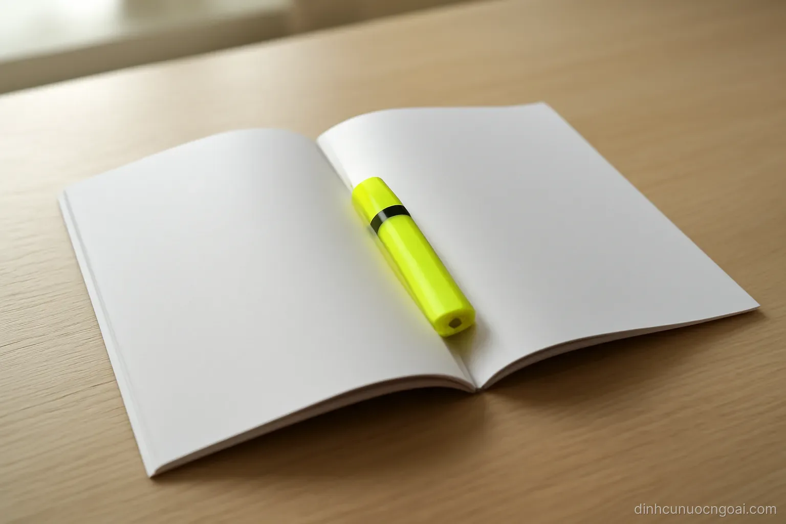 a printed policy booklet open at a middle page with a highlighter resting in the fold on a desk