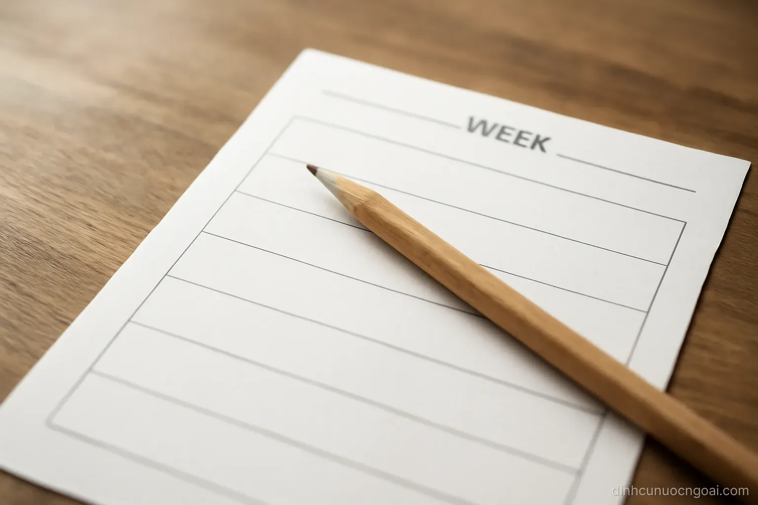 a week planner page on a table with seven blank rows and a pencil resting across the first two lines