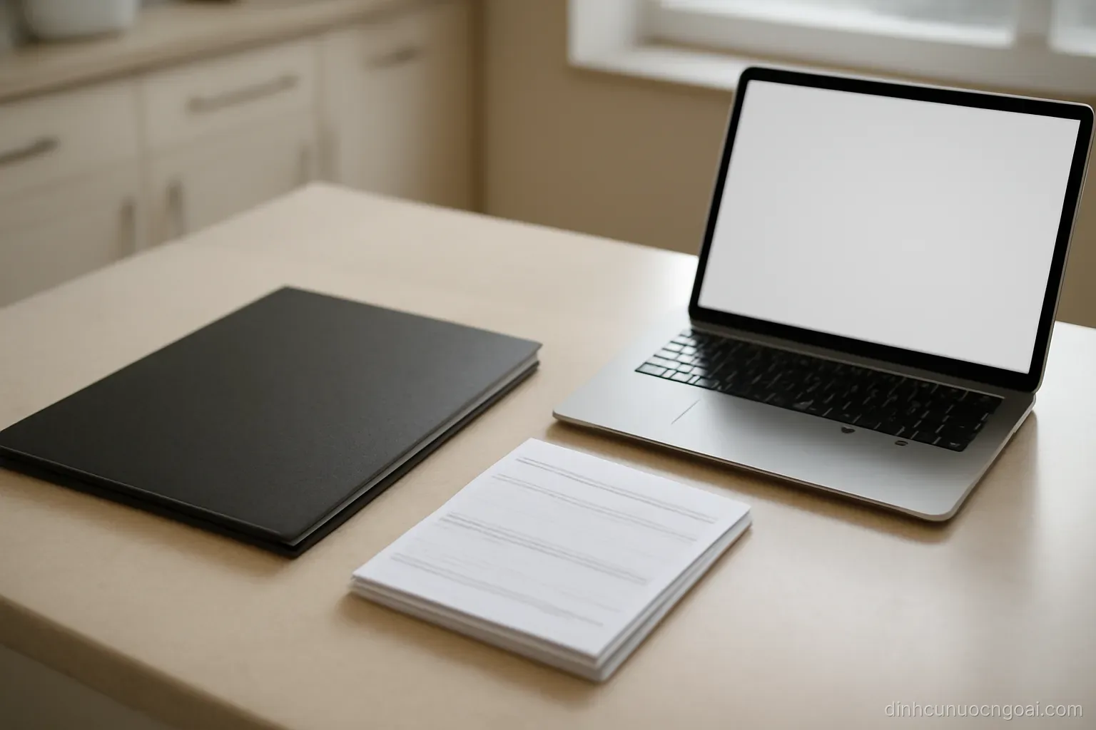 a document folder and a small stack of bank statements arranged neatly beside a laptop on a kitchen counter