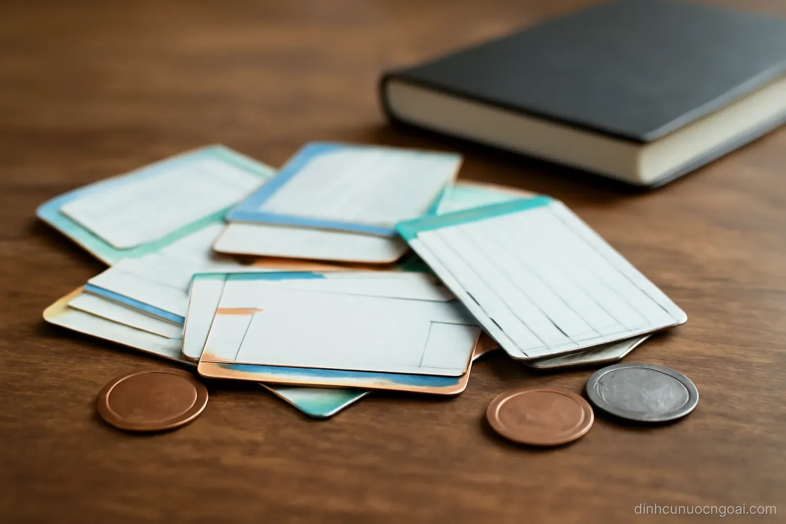 a handful of used transit tickets and a few coins scattered on a wooden tabletop next to a notebook