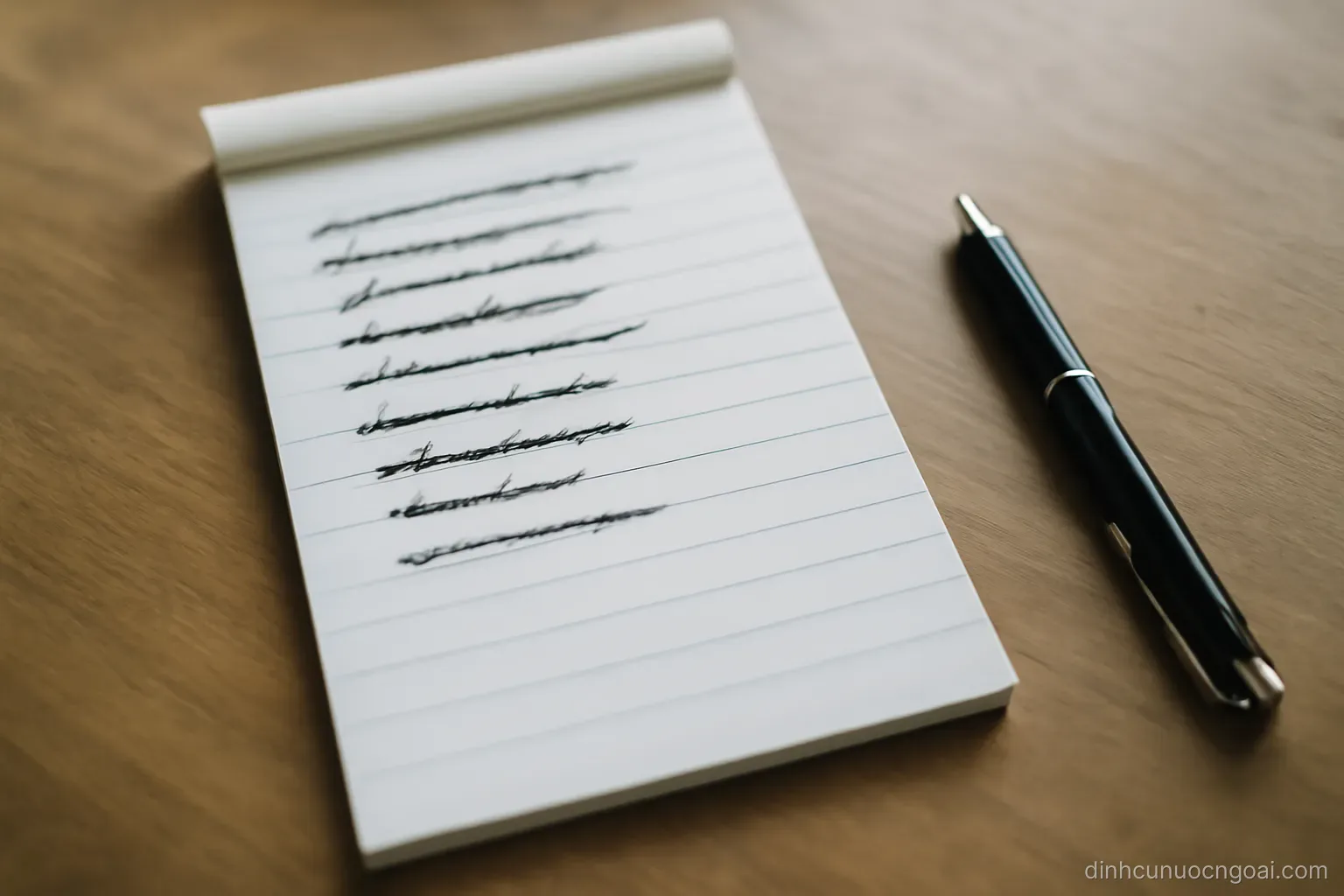 a handwritten list on a notepad with several items crossed out and more added at the bottom, pen alongside