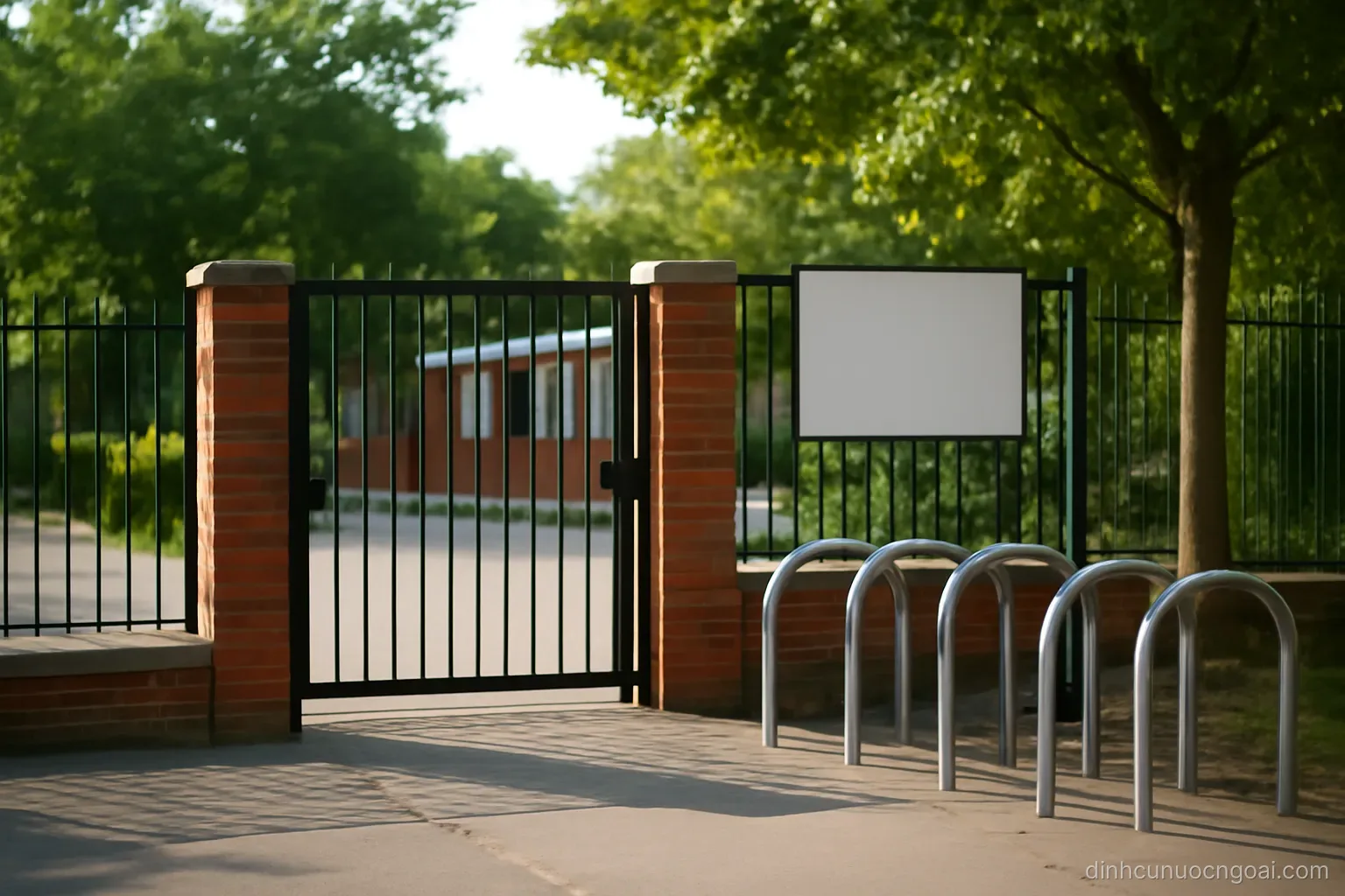 a school entrance gate seen from the pavement with a bicycle rack beside it and trees along the fence
