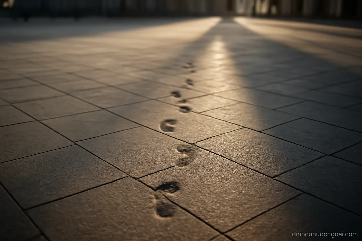 a single set of footprints crossing a wide empty square early in the morning, long shadows on the paving