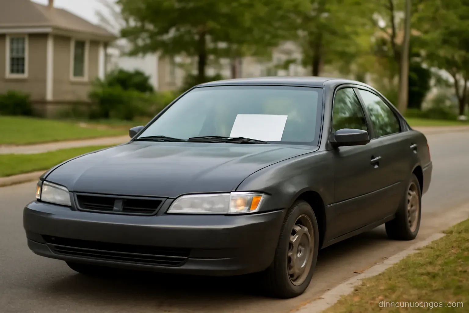 a used car parked on a residential street with a for sale sign propped in the windscreen, no text legible
