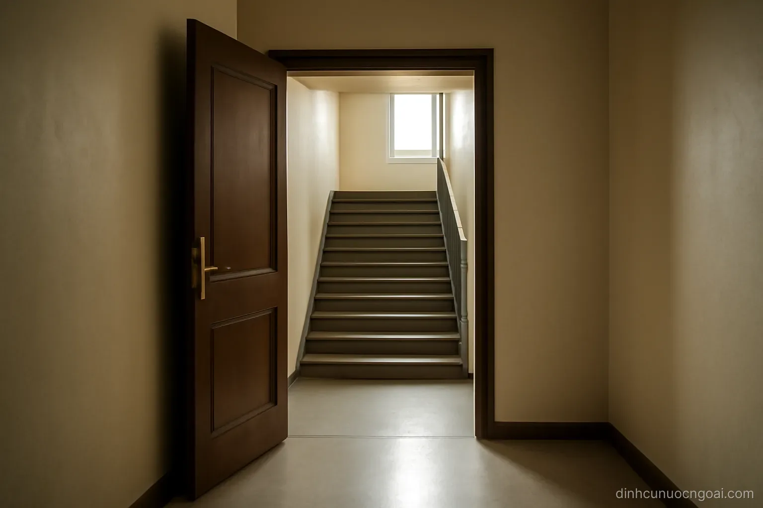 a staircase landing with one door standing open to a corridor and another flight of stairs continuing upward beyond it