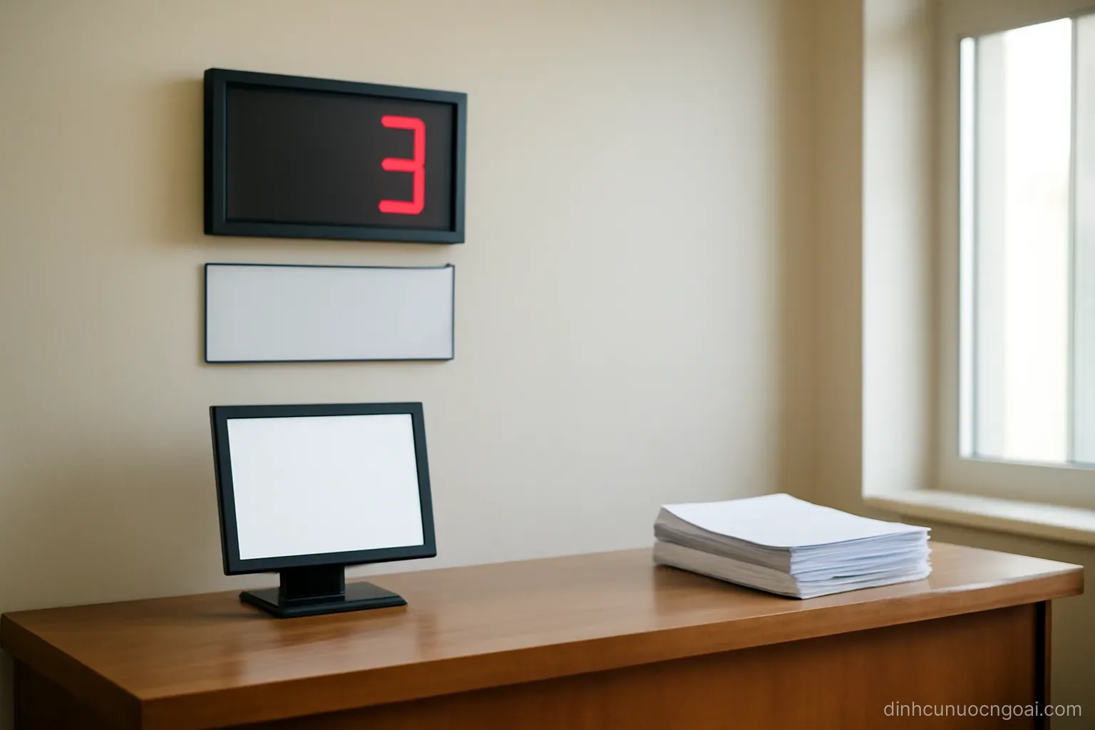 a public service counter with a numbered queue display and a row of empty forms stacked at one end