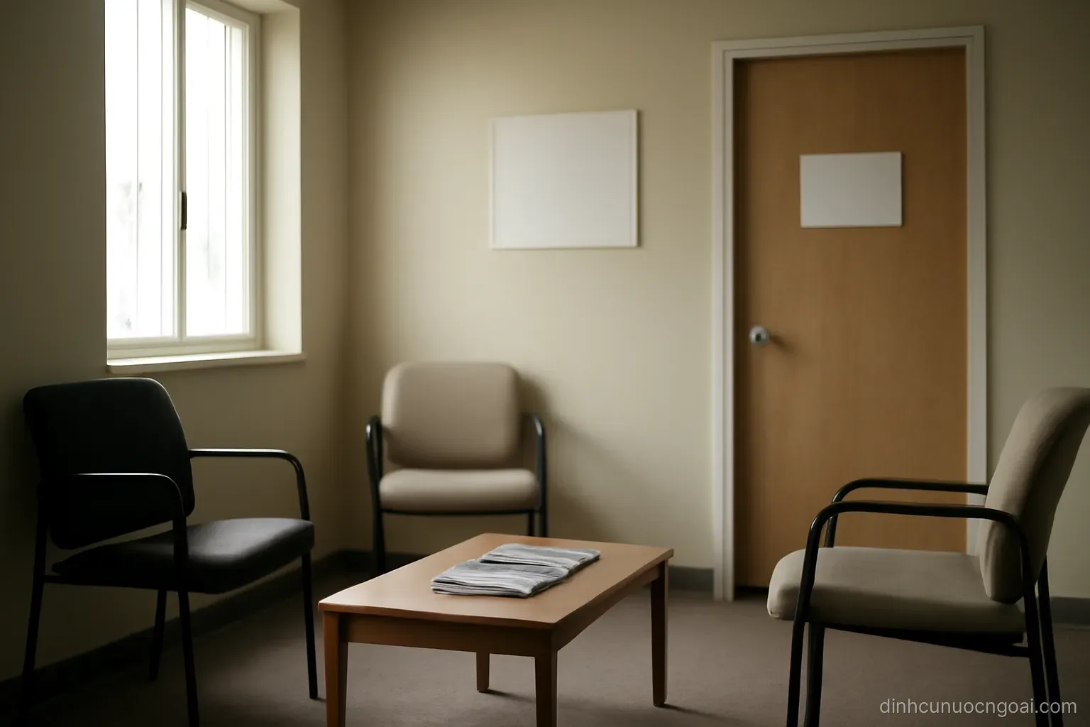 a quiet waiting room with a few chairs, a low table with magazines, and a closed consulting room door