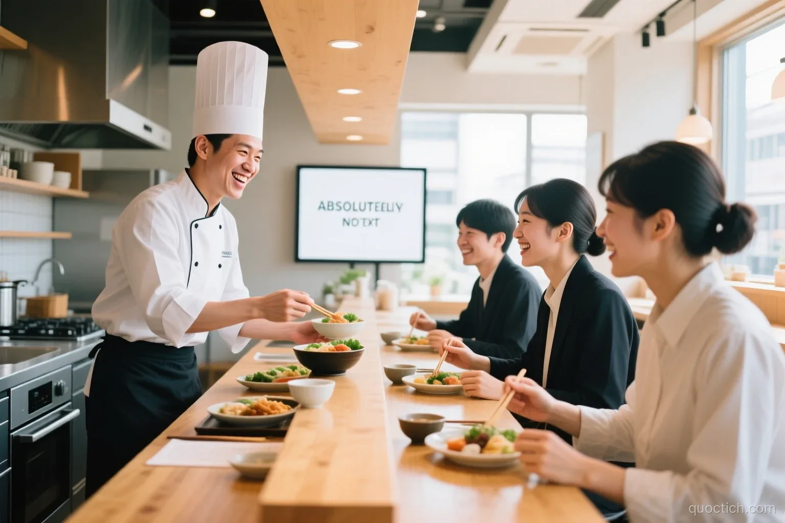 Vietnamese chef sharing a laughing staff meal with Japanese coworkers at a long wooden counter of a bright modern restaurant kitchen in Osaka, medium shot, warm natural light