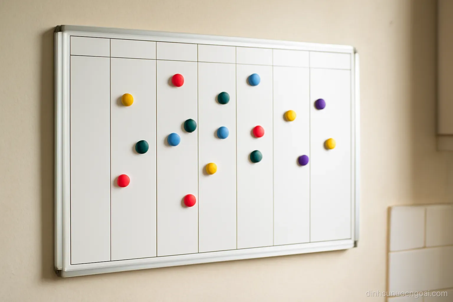 a weekly wall planner with small coloured magnets arranged in uneven clusters across the days, a plain kitchen wall behind it
