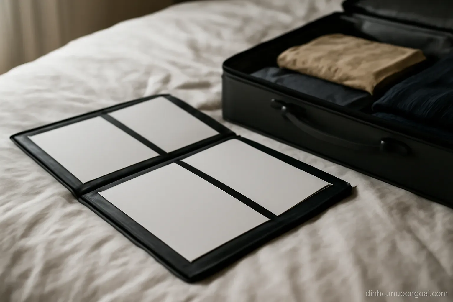 a document wallet lying open on a bed beside a half packed suitcase, several papers visible inside the sleeves
