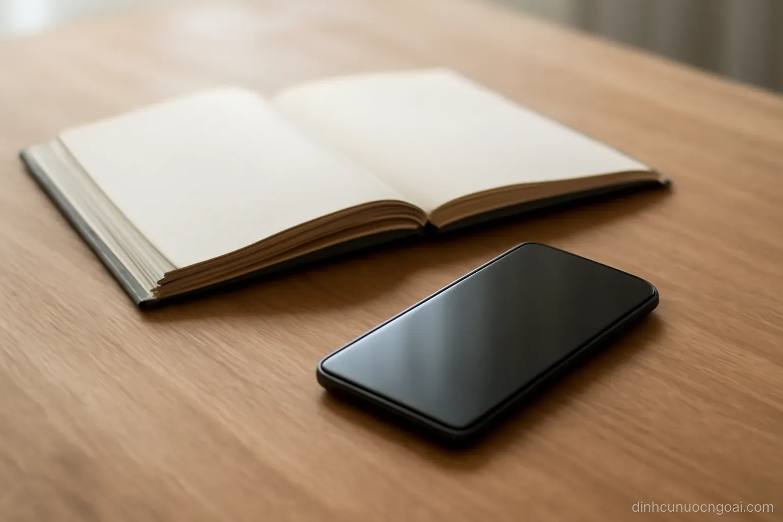 a phone lying screen down on a table beside an open photo album with blank pages facing up