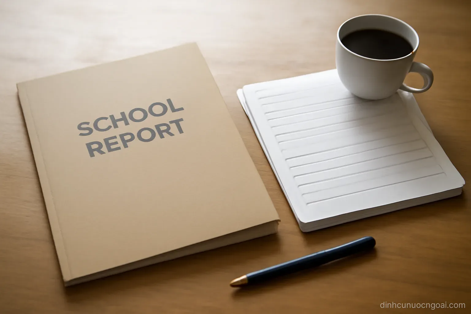 a school report folder and a stack of transcripts laid out on a table beside a pen and a cup