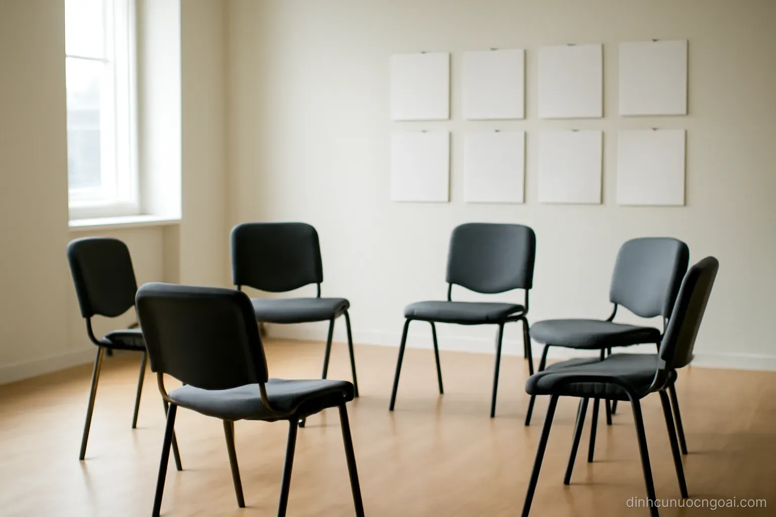 a small group of empty chairs arranged in a circle in a bright room with picture cards pinned to one wall