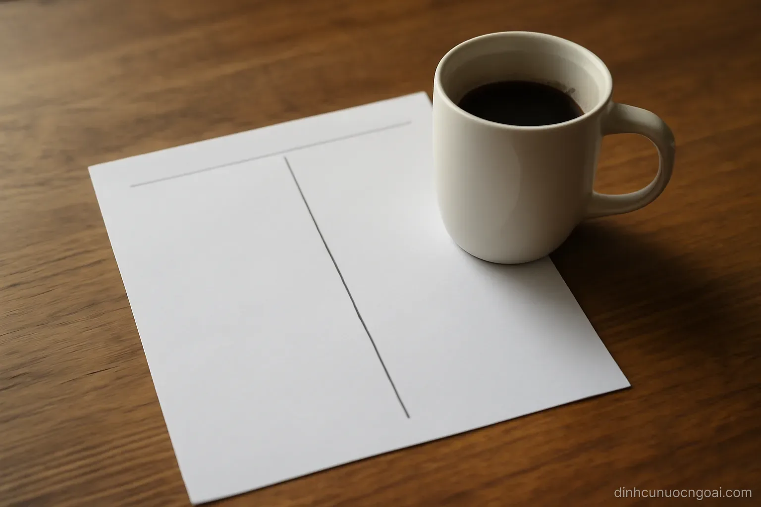 a simple two column list drawn on a sheet of paper held flat by a coffee mug on a wooden table