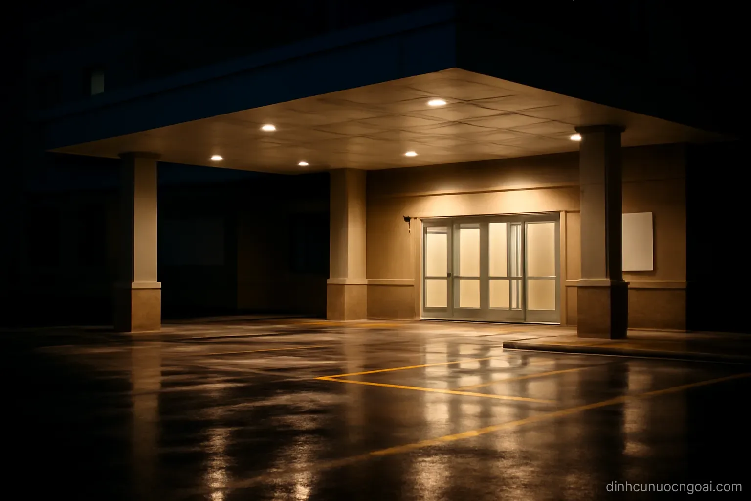 an illuminated hospital entrance canopy at night with an empty ambulance bay and wet pavement in front of it