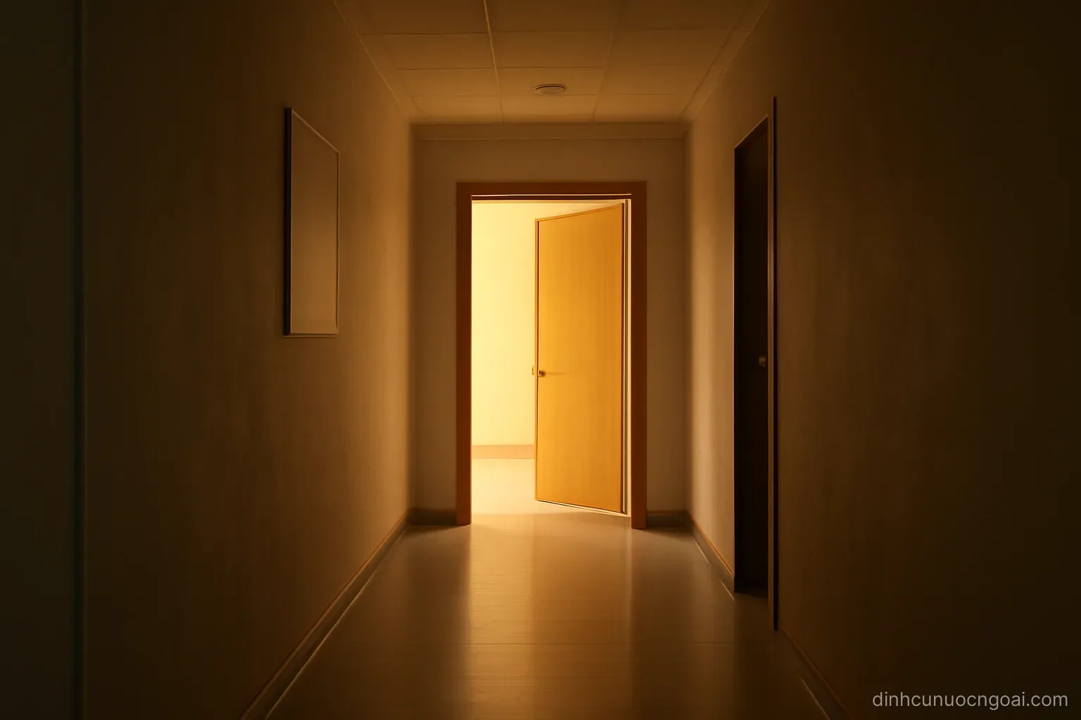 an open door at the end of a plain corridor with warm light coming through from the room beyond