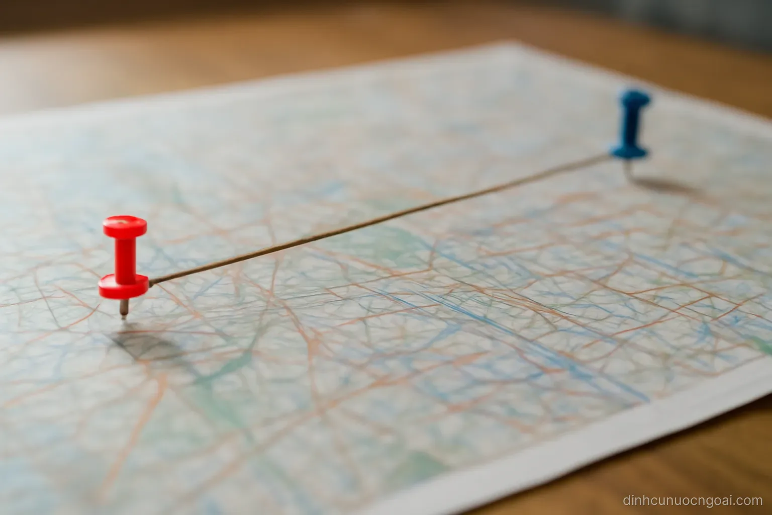 a city map spread on a table with two small pins placed far apart and a piece of string stretched between them