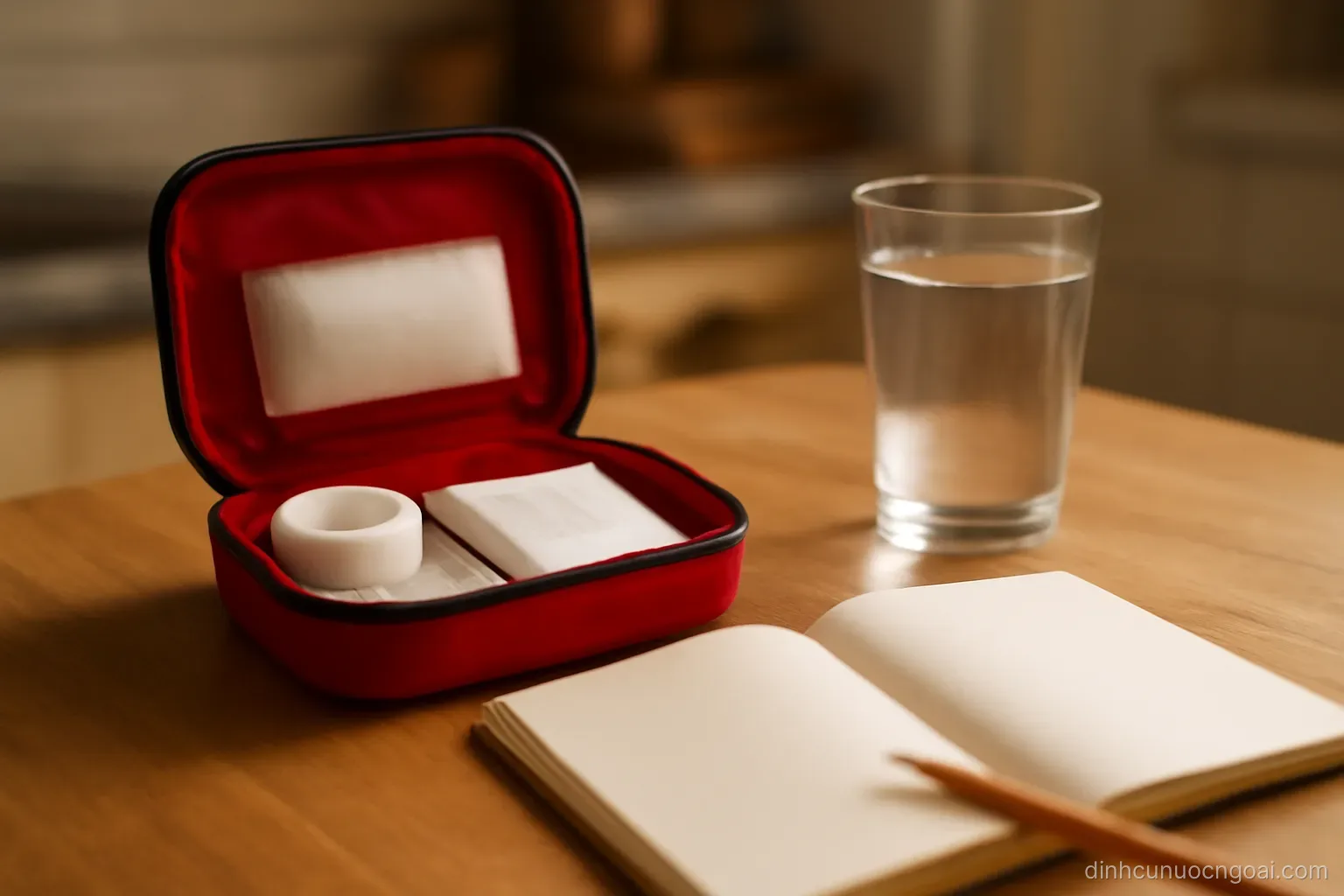 a small first aid kit open on a kitchen table beside a notebook and a glass of water, warm indoor light