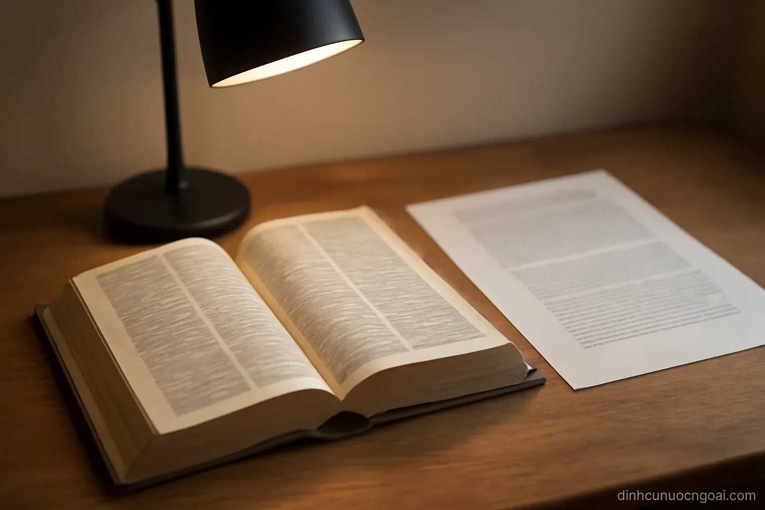 a bilingual dictionary lying open next to a printed page of text on a desk under a reading lamp