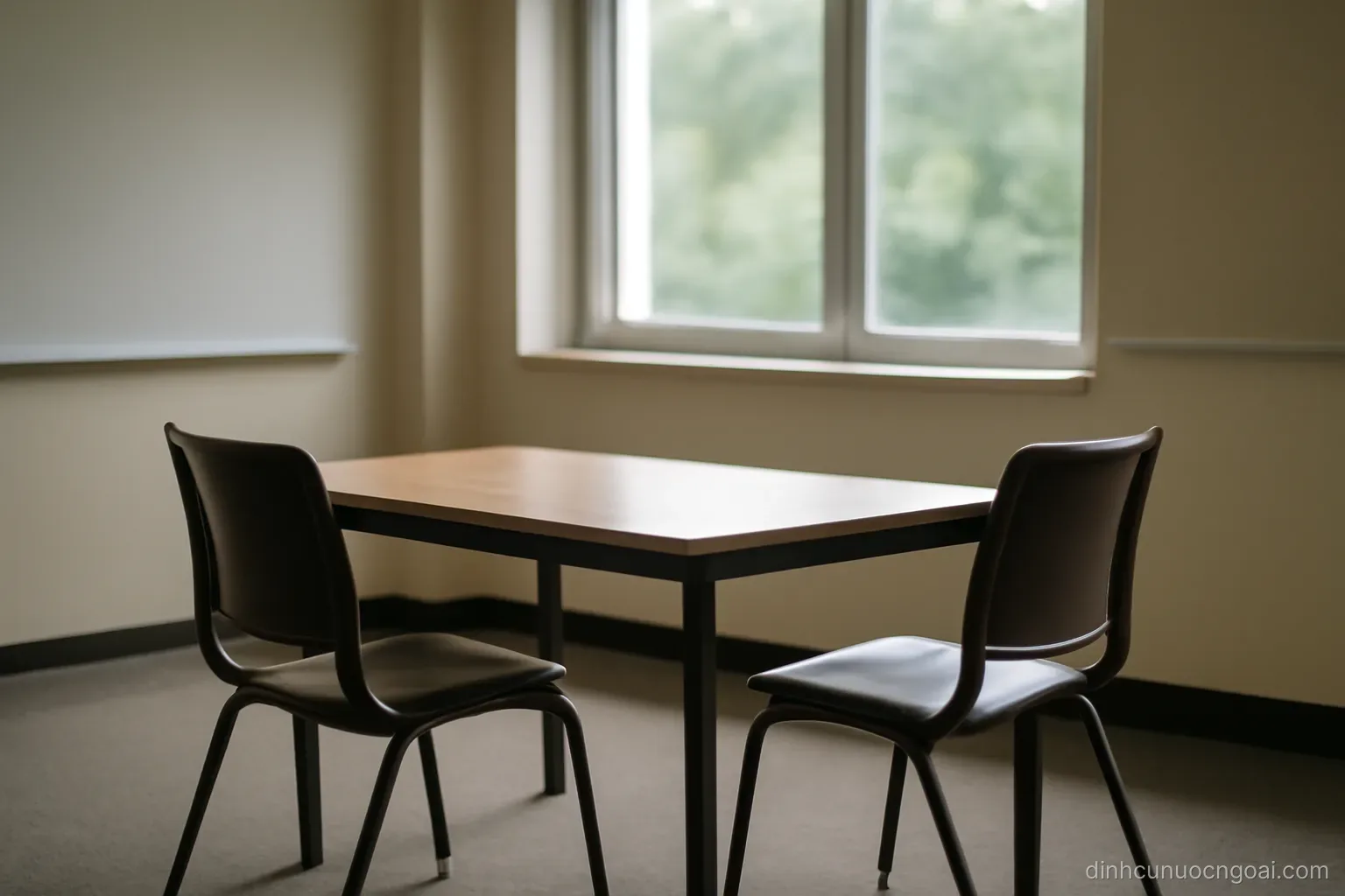 two empty chairs facing each other across a small table in a school meeting room with a window behind