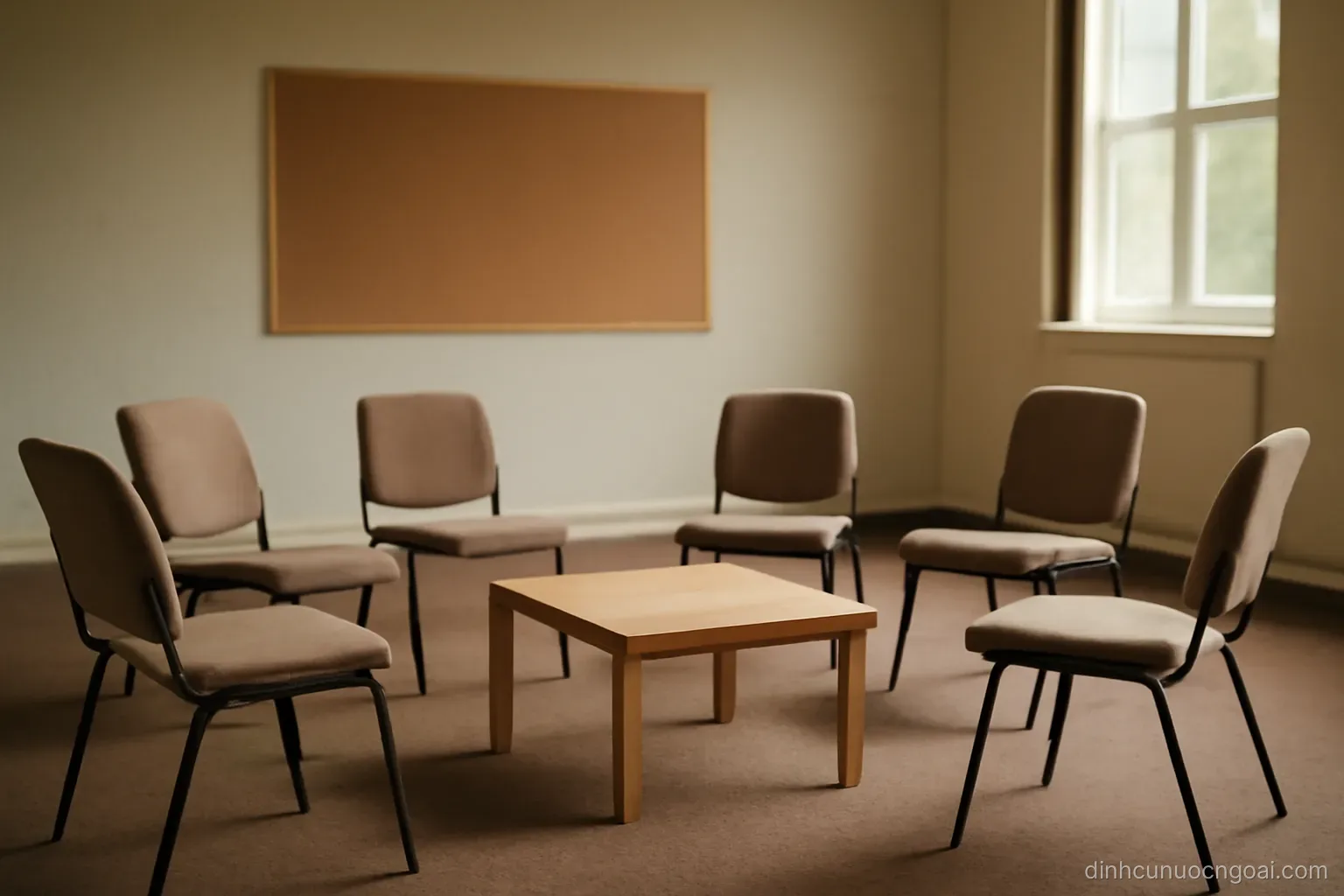 several empty chairs arranged around a low table in a community hall with a notice board on the far wall