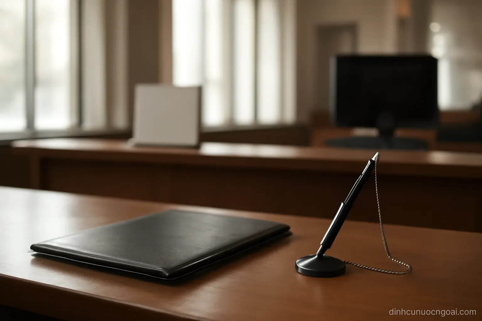 a bank counter with a closed folder and a pen chained to the desk, soft light from tall windows behind