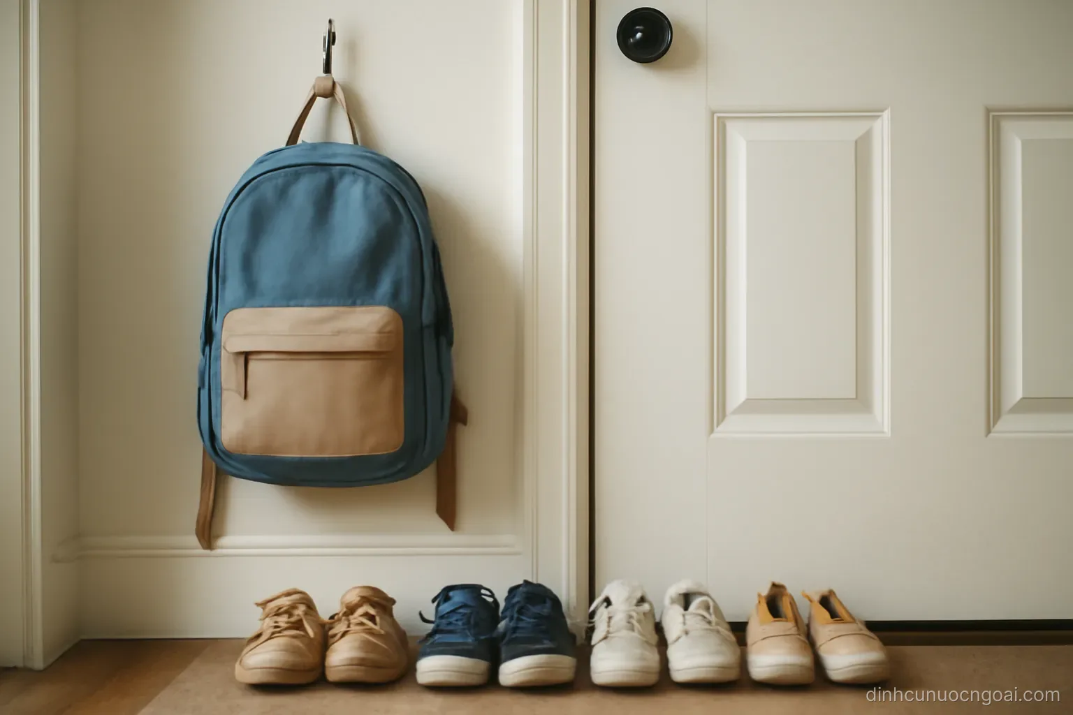 a child backpack hanging on a hook by a front door with shoes lined up neatly underneath it
