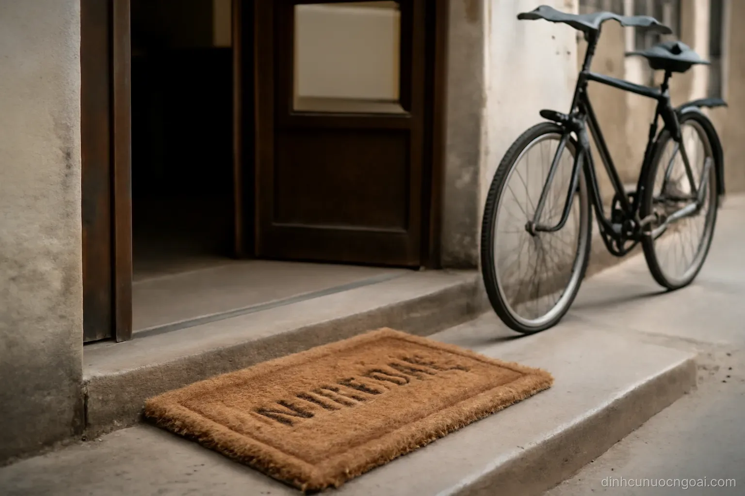 a corner shop doorway with a worn welcome mat on the step and a bicycle leaning against the wall just outside