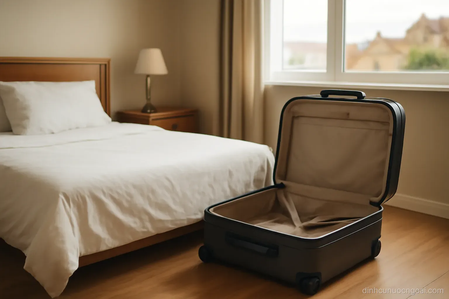 an open suitcase standing beside a neatly made bed in a small furnished room with a window overlooking distant rooftops