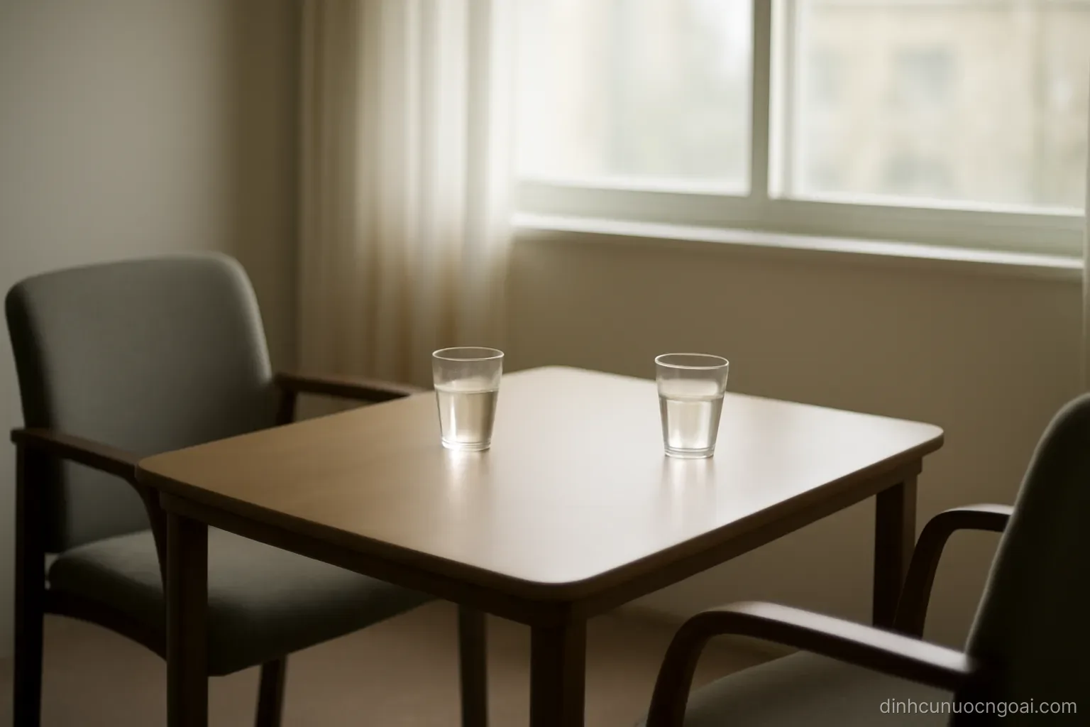 a small meeting table with two glasses of water and two empty chairs facing each other by a bright window