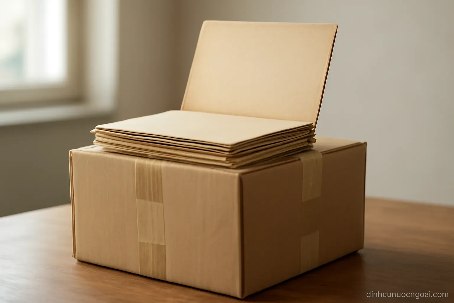 a cardboard box of old paper files taped shut with one folder left standing open on top of it