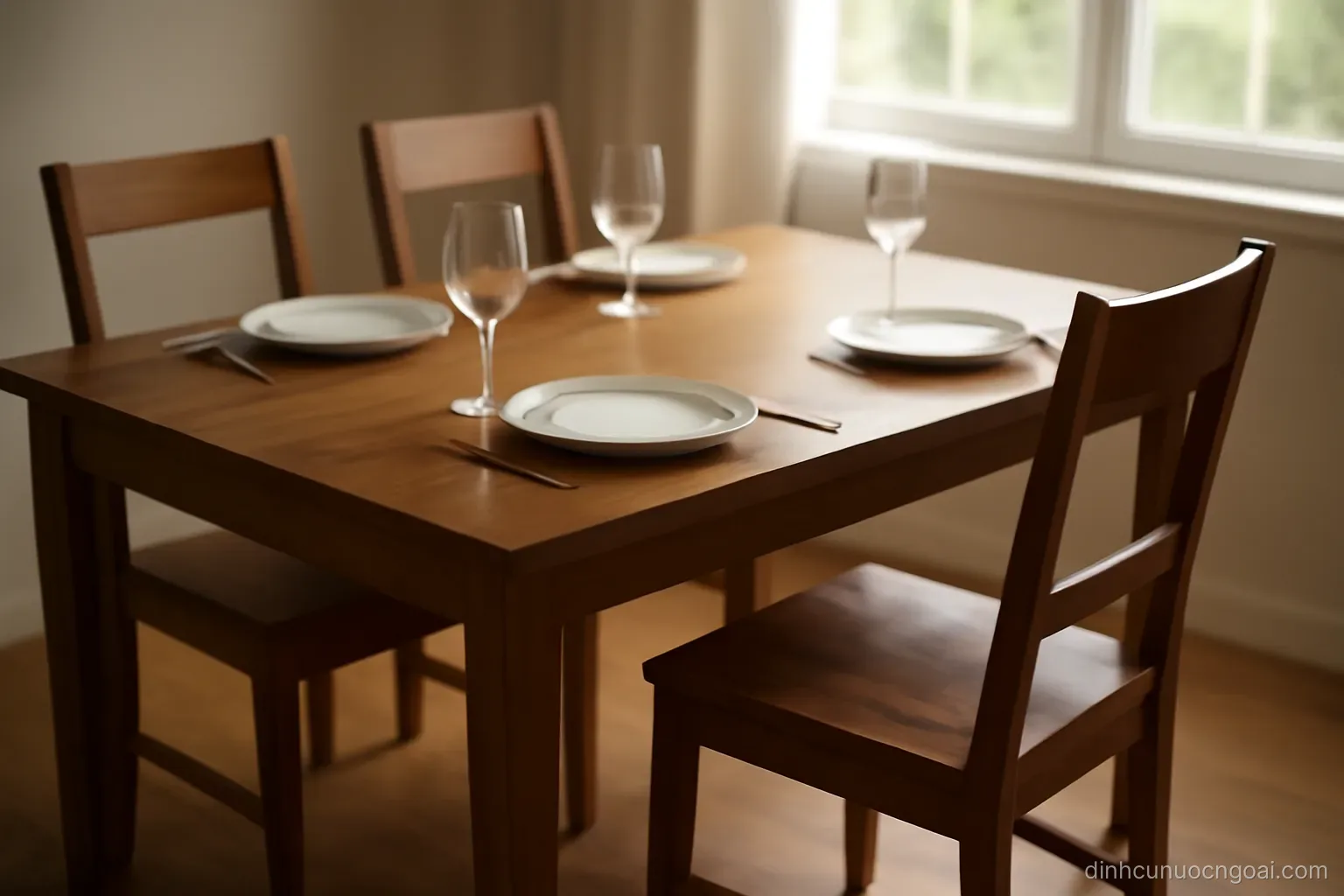 a dining table set for four with three chairs pushed in and one pulled out at an angle
