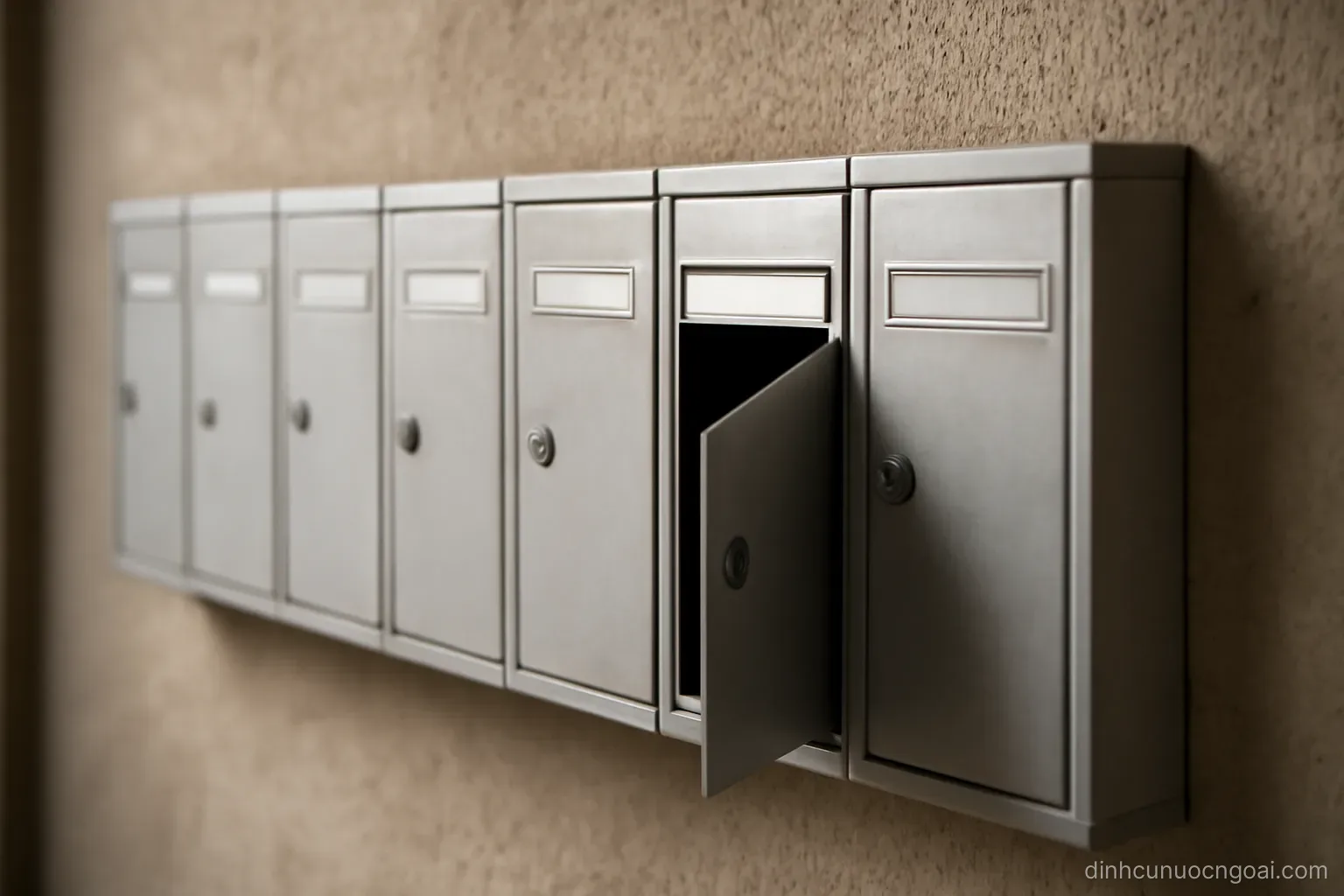 a row of metal mailboxes on an apartment building wall with one door slightly ajar and no name labels