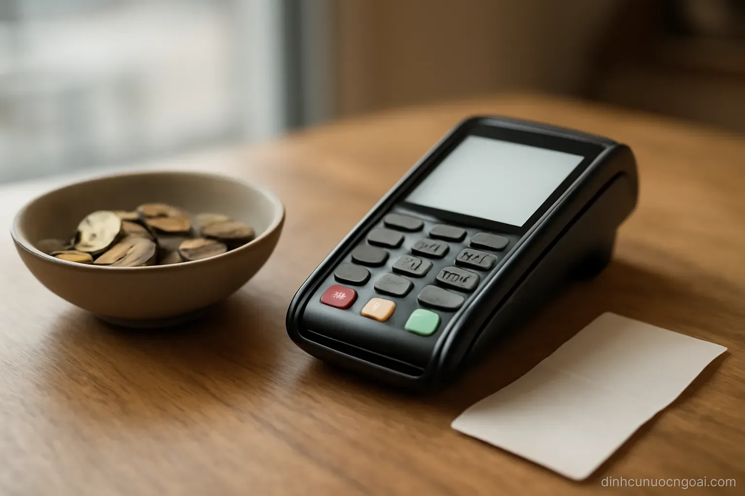 a small card terminal on a shop counter next to a bowl of coins and a folded paper receipt