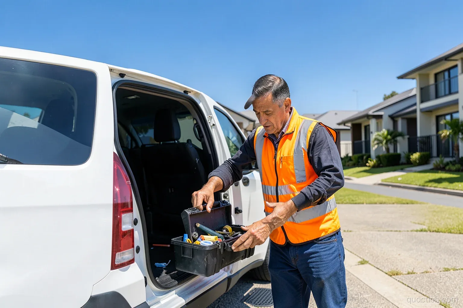 Vietnamese electrician in a bright orange hi-vis vest loading a toolbox into a white van at a sunny new housing estate in Perth, wide shot, clear blue sky