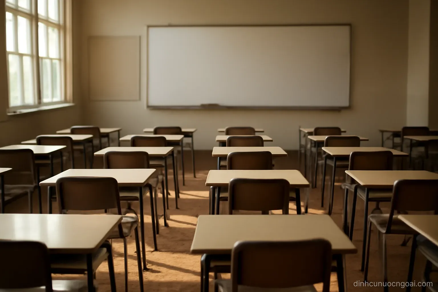 an empty classroom with rows of small desks and a blank board, sunlight falling across the wooden floor