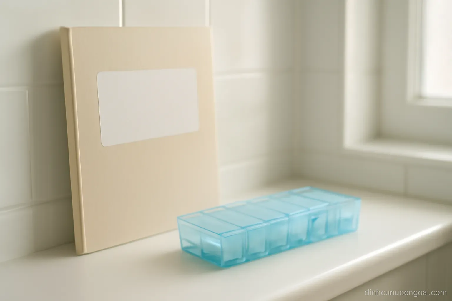 a medical record folder and a weekly pill organiser placed side by side on a clean bathroom shelf