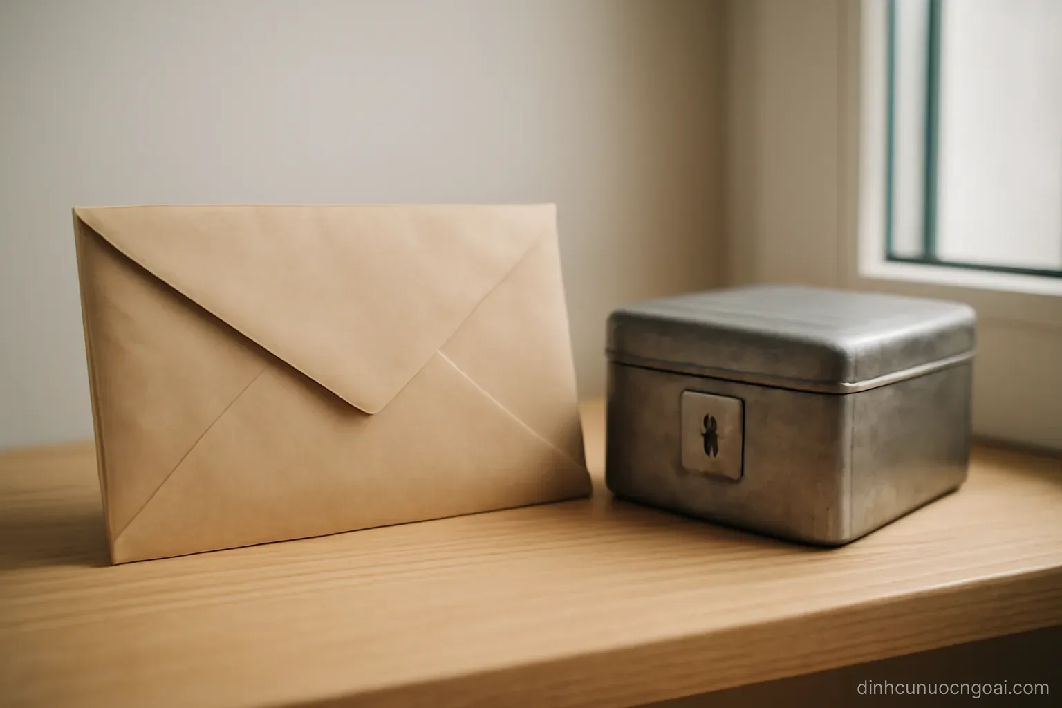a sealed paper envelope and a small metal lockbox sitting side by side on a plain wooden shelf near a window