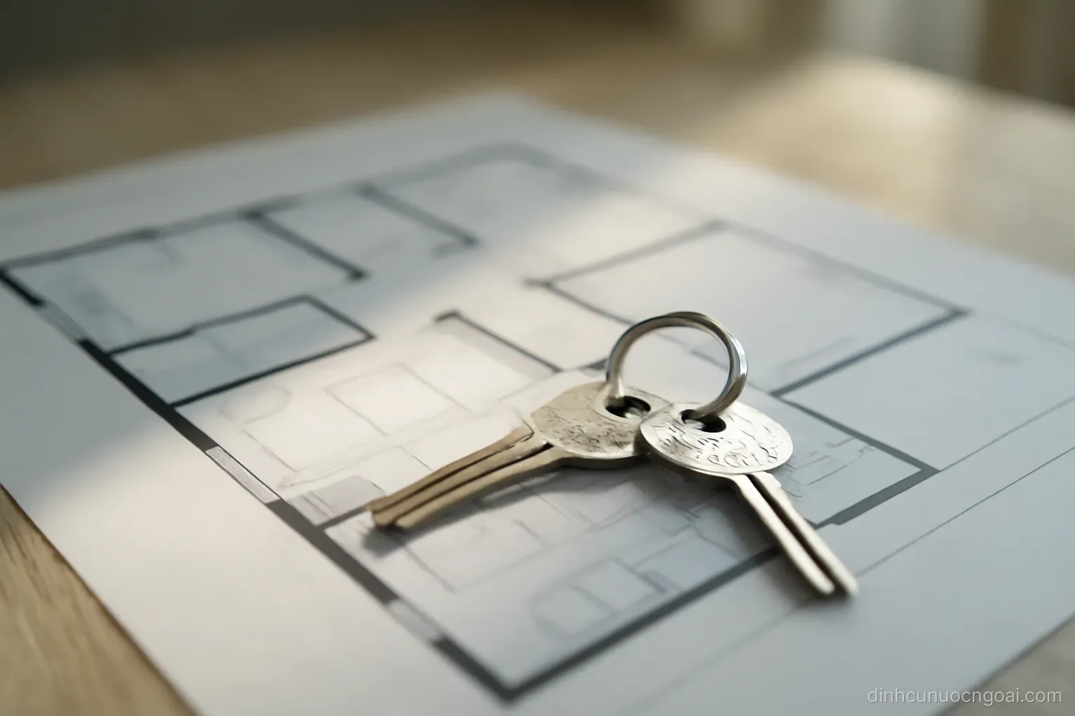 a set of apartment keys resting on a printed floor plan spread across a table, natural light from one side
