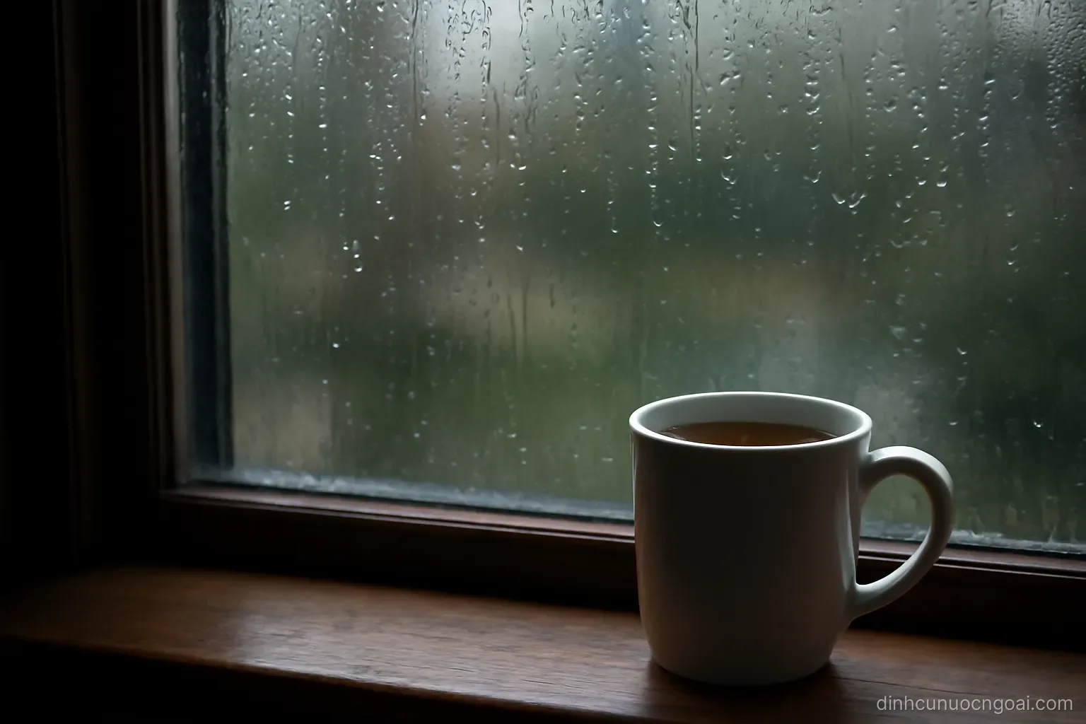 a window with rain running down the glass and a mug of tea cooling on the sill beside it