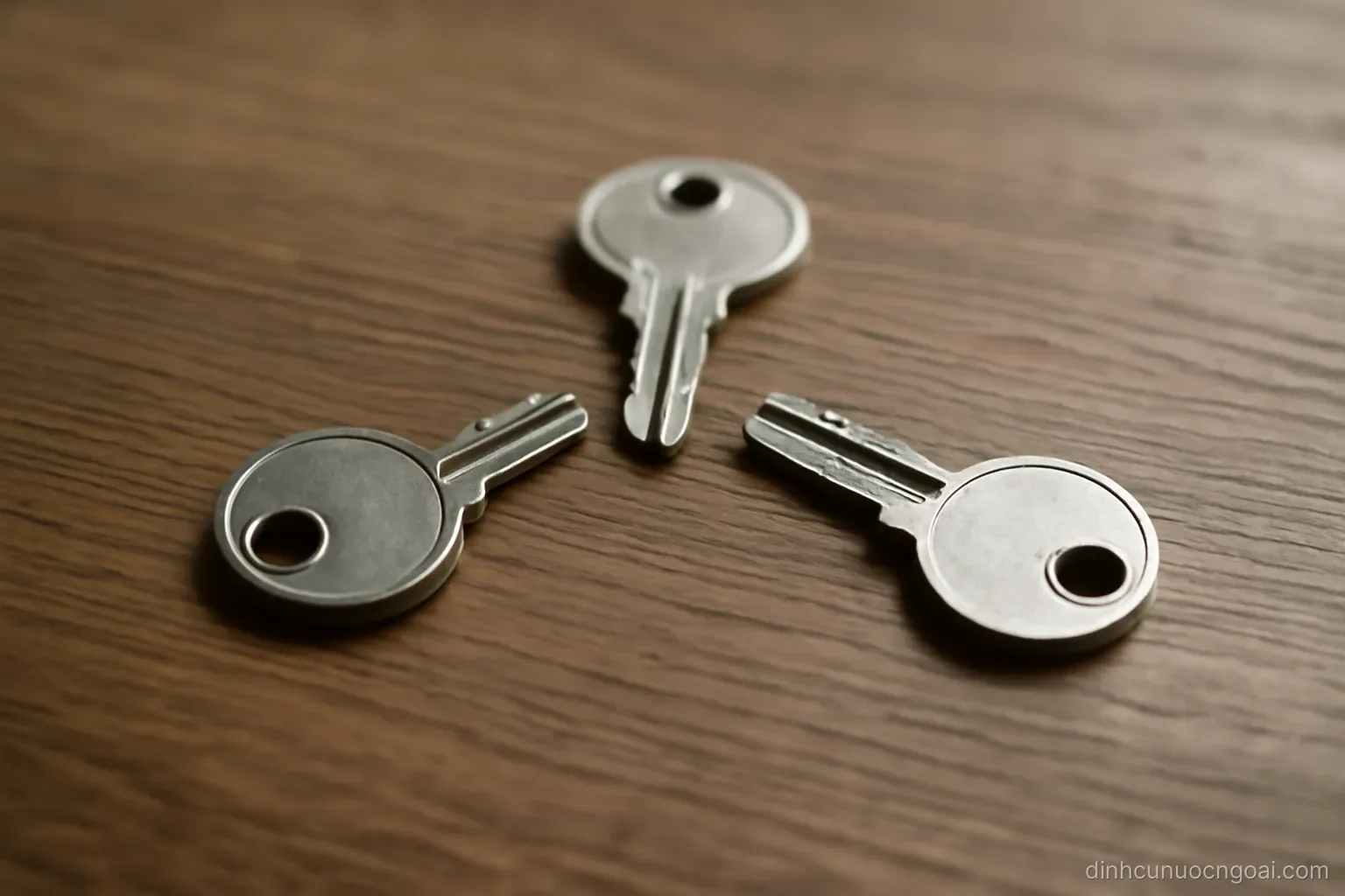 three keys lying in a loose circle on a wooden table, each one pointing toward the next in the ring